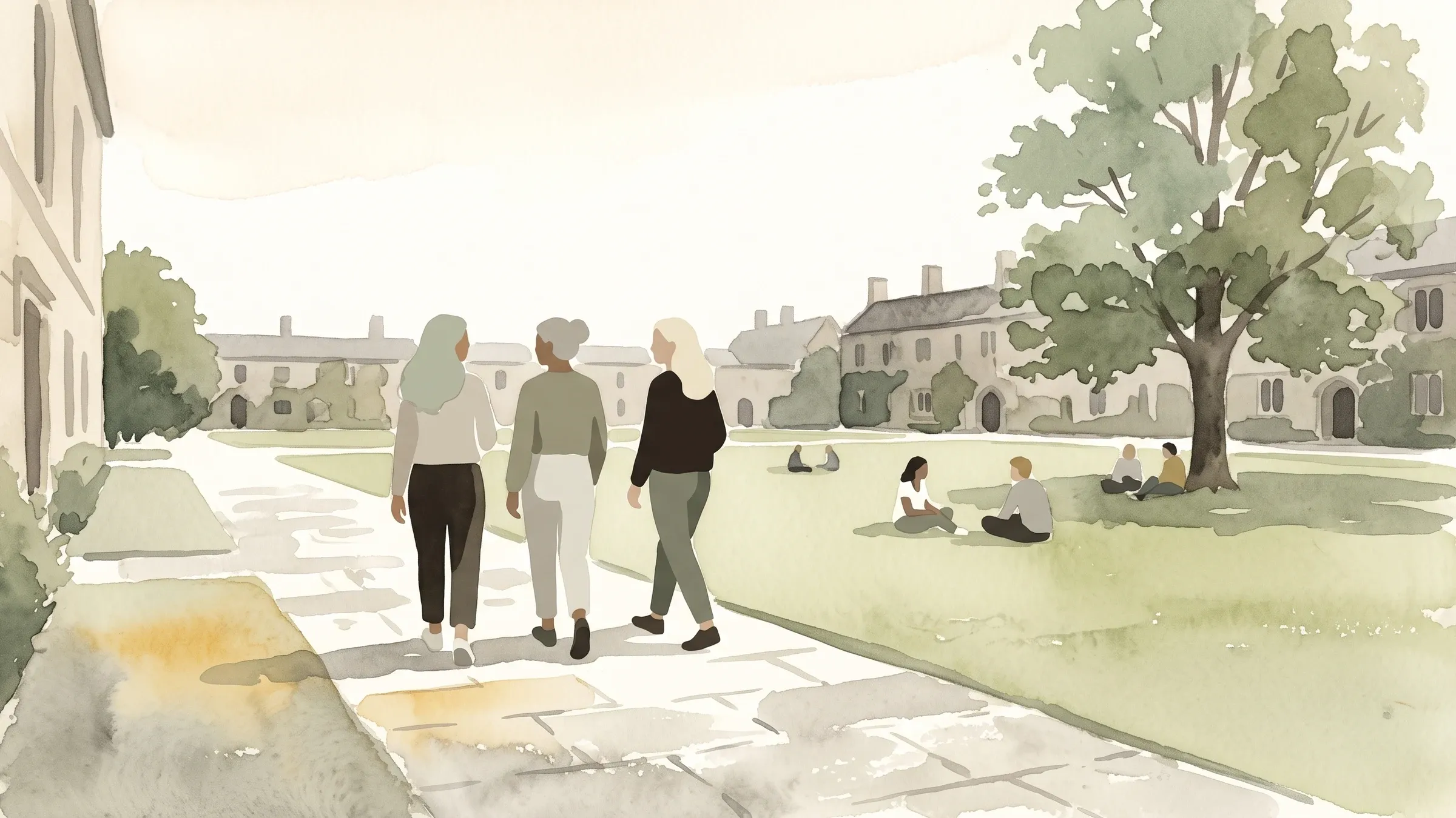 A watercolour illustration of three friends walking a path across an open university quad.