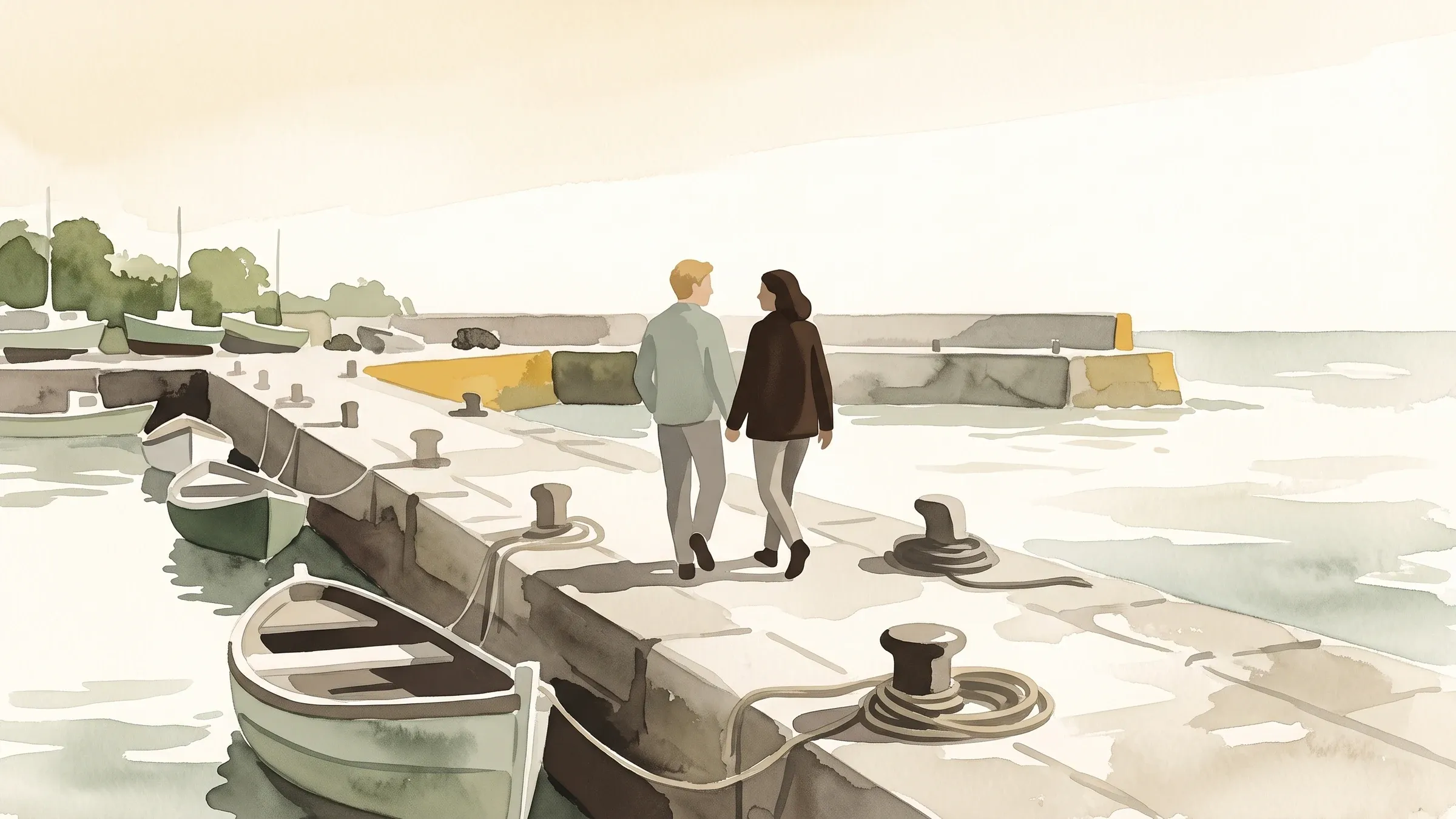 A watercolour illustration of two friends walking along a stone quayside past moored boats.
