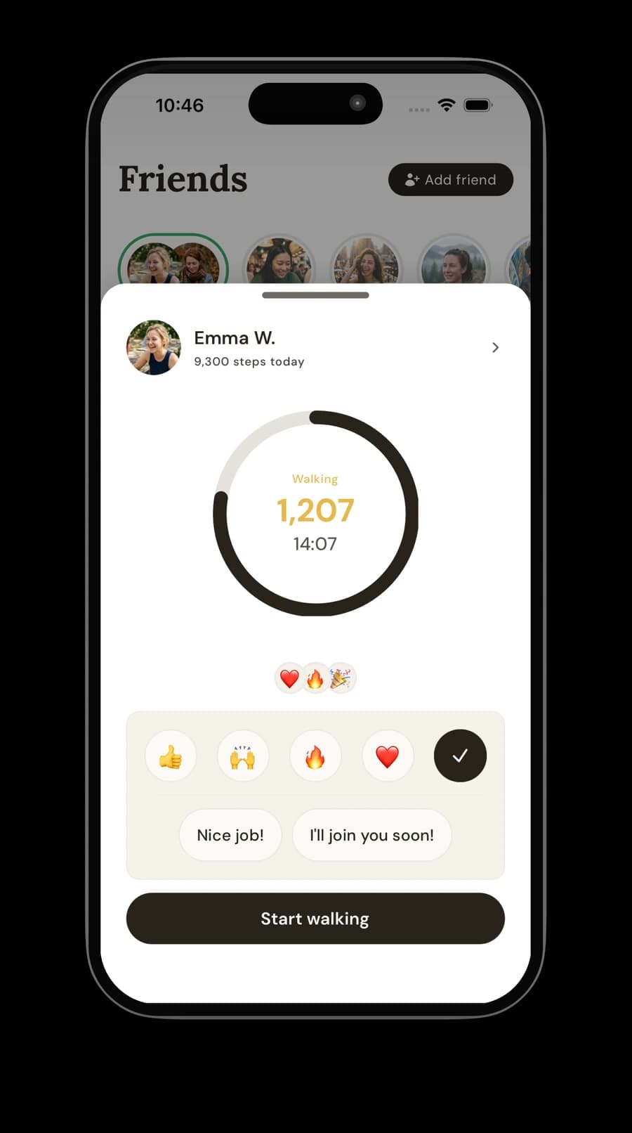 A Steps Club live walk, showing a friend's step ring and quick reactions
