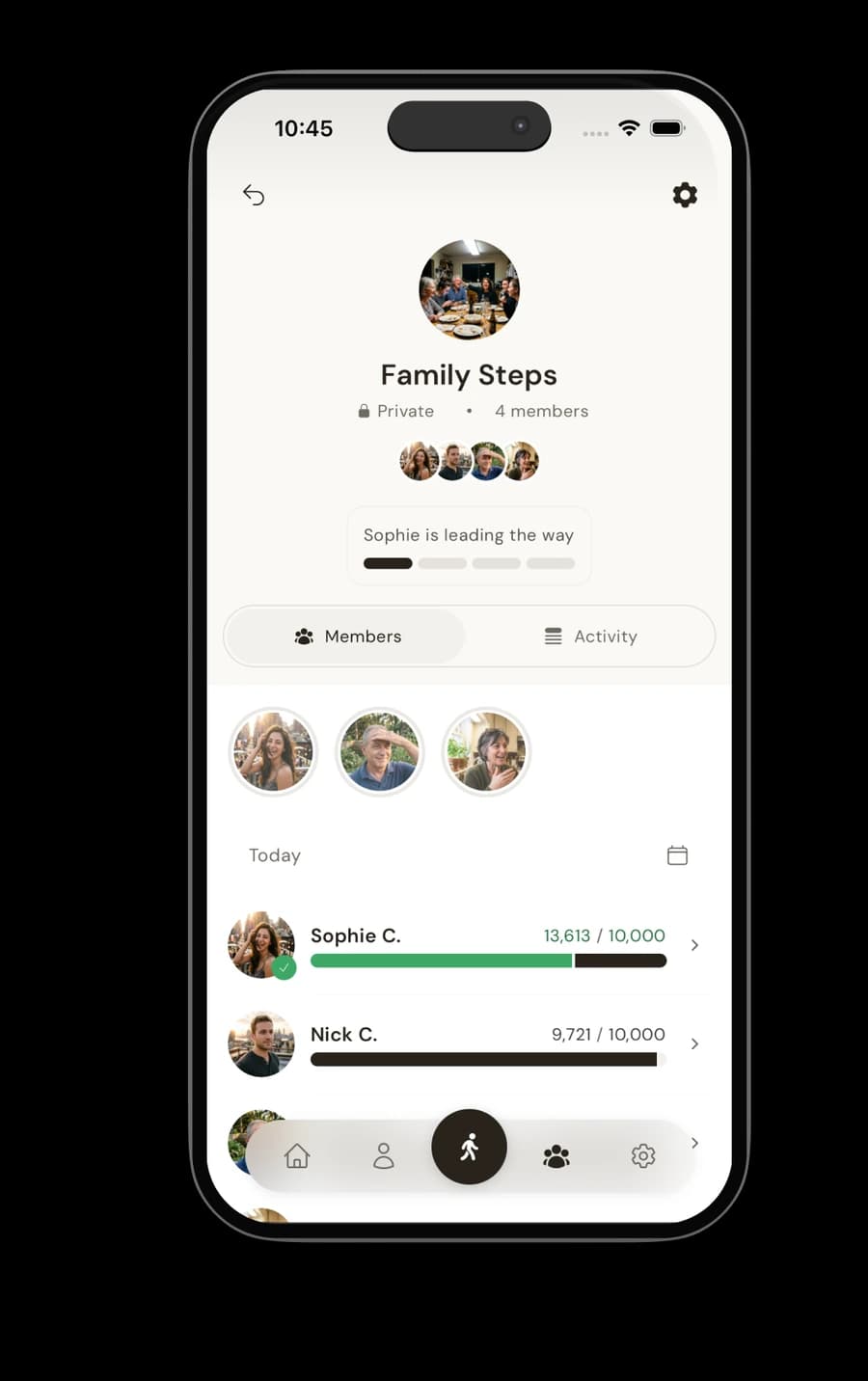 A private Steps Club called Family Steps, showing each member's steps for today