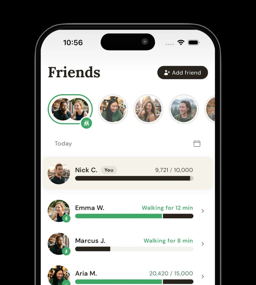 Steps Club friends list showing who is walking right now