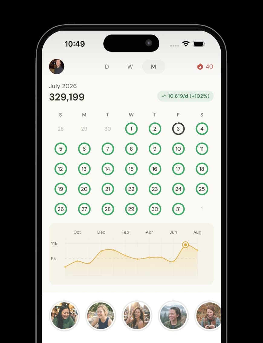Steps Club monthly step calendar showing a 40-day streak